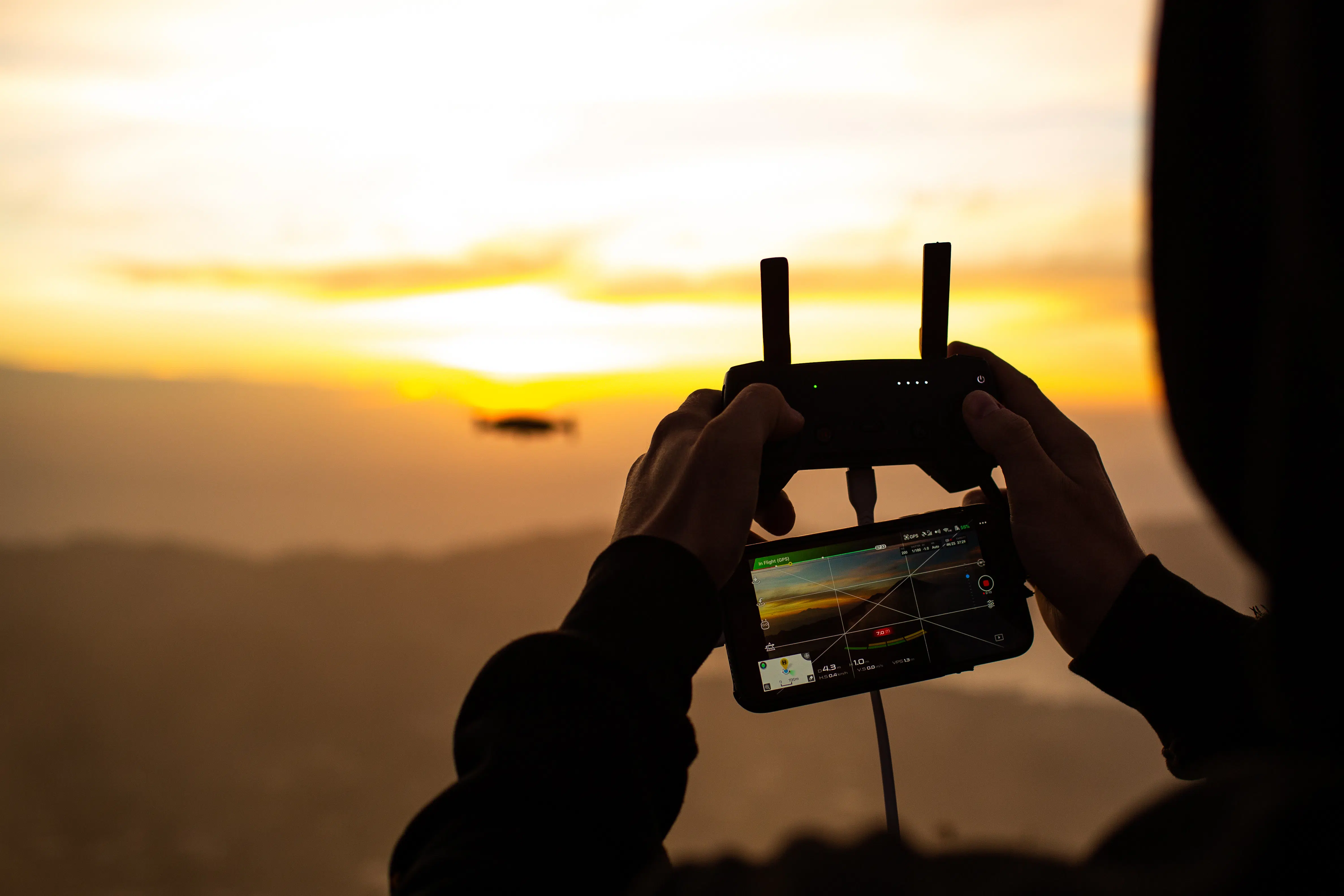 close-up. Man controls a drone