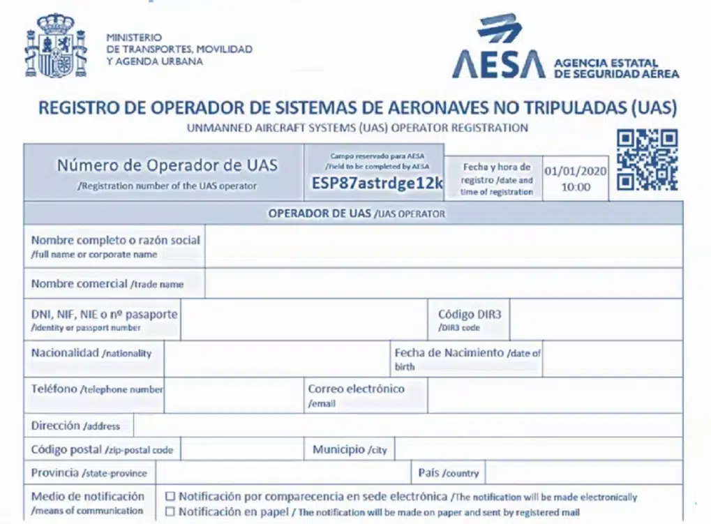 Formulario para el registro de operadores de UAS