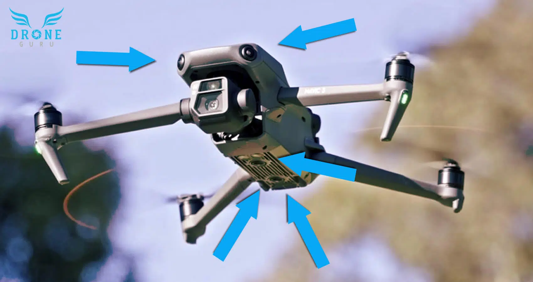 Drone GURU - DJI Mavic 3 - en vuelo desde adelante - sensores Drone GURU - DJI Mavic 3 - en vuelo desde adelante - sensores