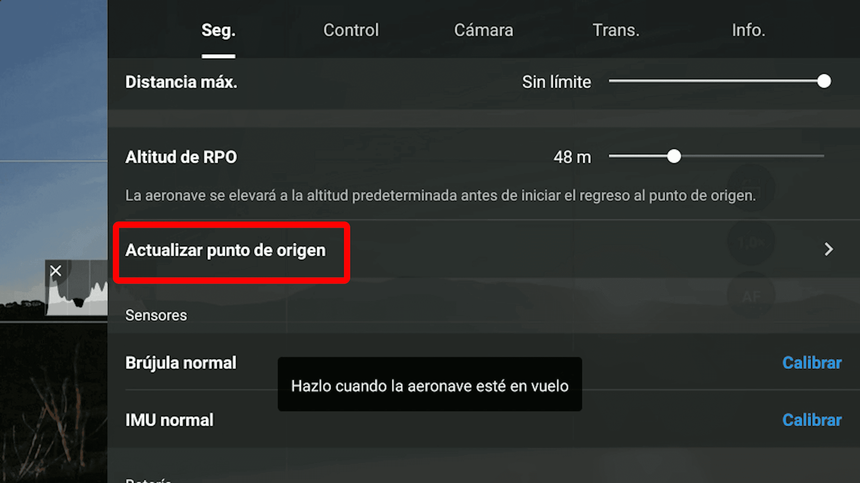 Punto de origen Actualizar punto de origen en el dron