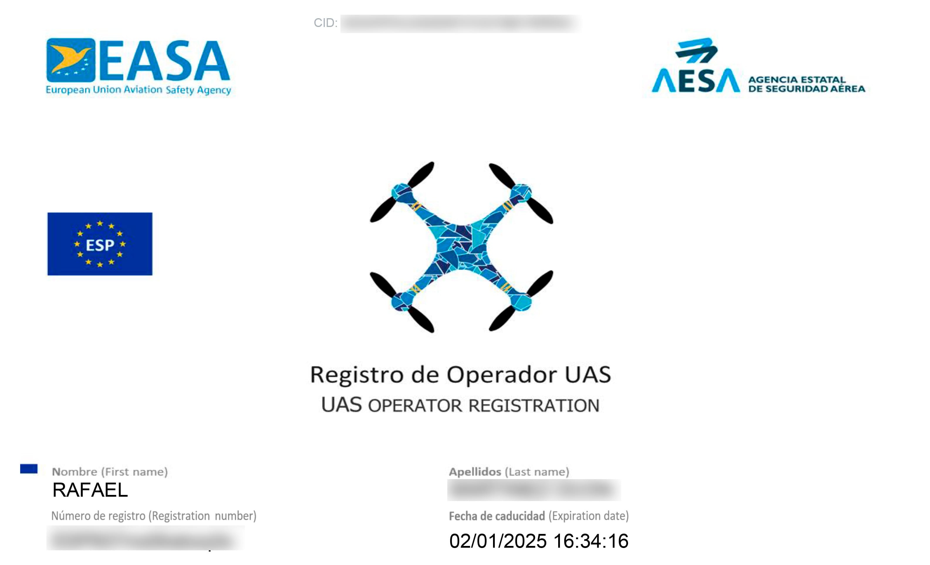 CERTIFICADO Operador RAFA OCON_BLUR 2 CERTIFICADO Piloto Operador de UAS -Drones AESA
